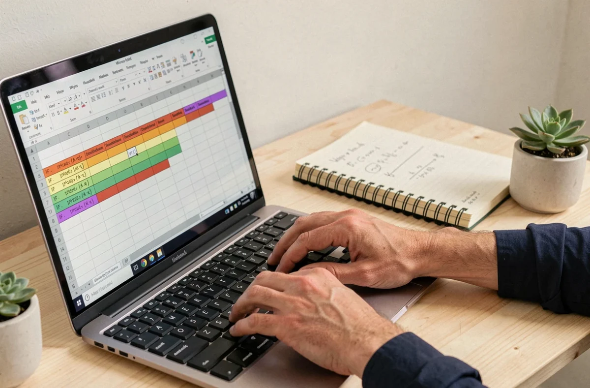 Gros plan sur des mains tapant une formule SI contient texte dans Excel sur un ordinateur portable dans un bureau à domicile minimaliste