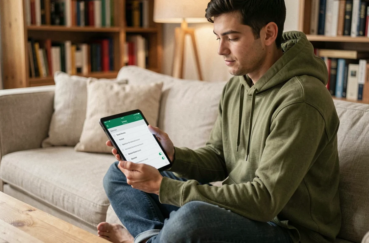 Personne gérant la liste blanche et les filtres de courrier indésirable sur une tablette depuis son canapé