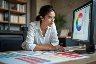 Graphiste professionnelle comparant des épreuves imprimées et un écran calibré dans un studio de prépresse, avec des nuanciers Pantone et des fichiers haute résolution