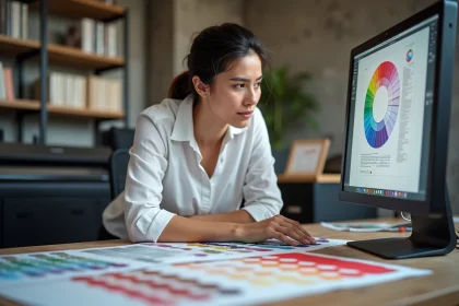 Graphiste professionnelle comparant des épreuves imprimées et un écran calibré dans un studio de prépresse, avec des nuanciers Pantone et des fichiers haute résolution
