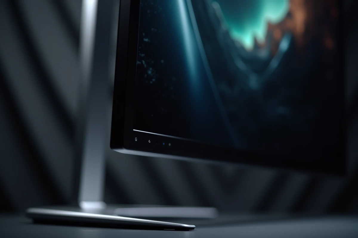 Gros plan sur le bord ultra-fin et la surface OLED d'un écran 27 pouces montrant des noirs profonds et des détails de construction