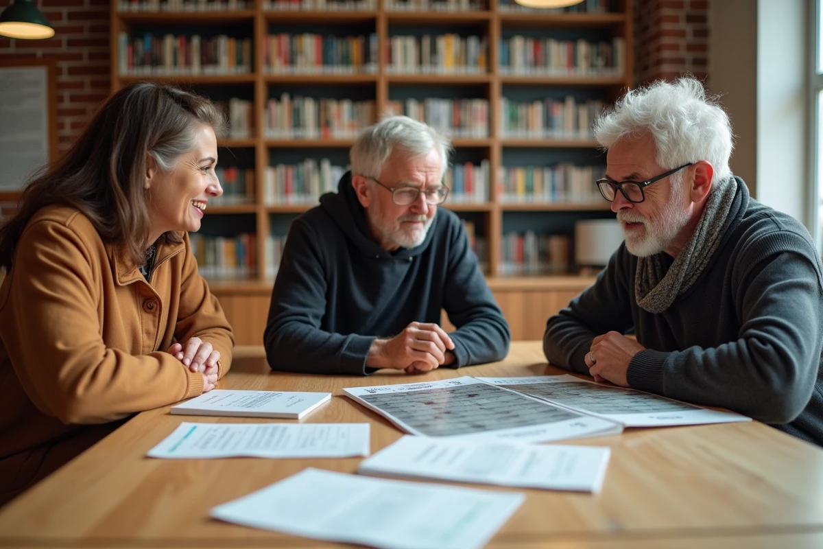 Groupe d'adultes collaborant sur des puzzles de logique et de sudoku autour d'une table en bibliothèque