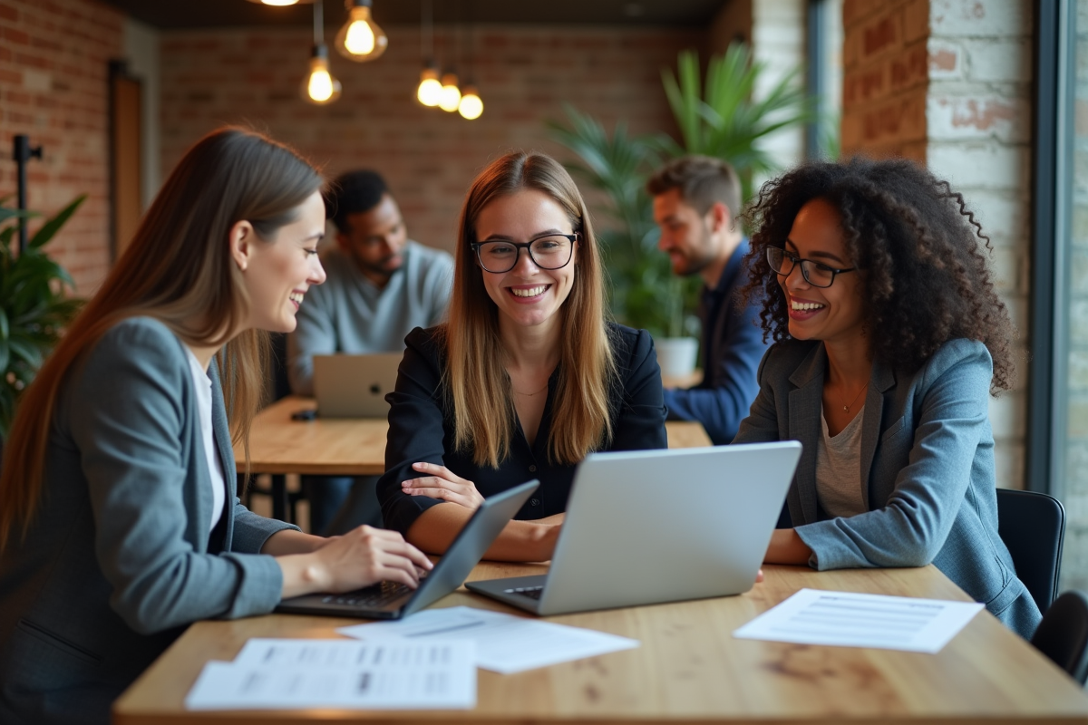 Groupe de jeunes professionnels en discussion dans un espace de coworking