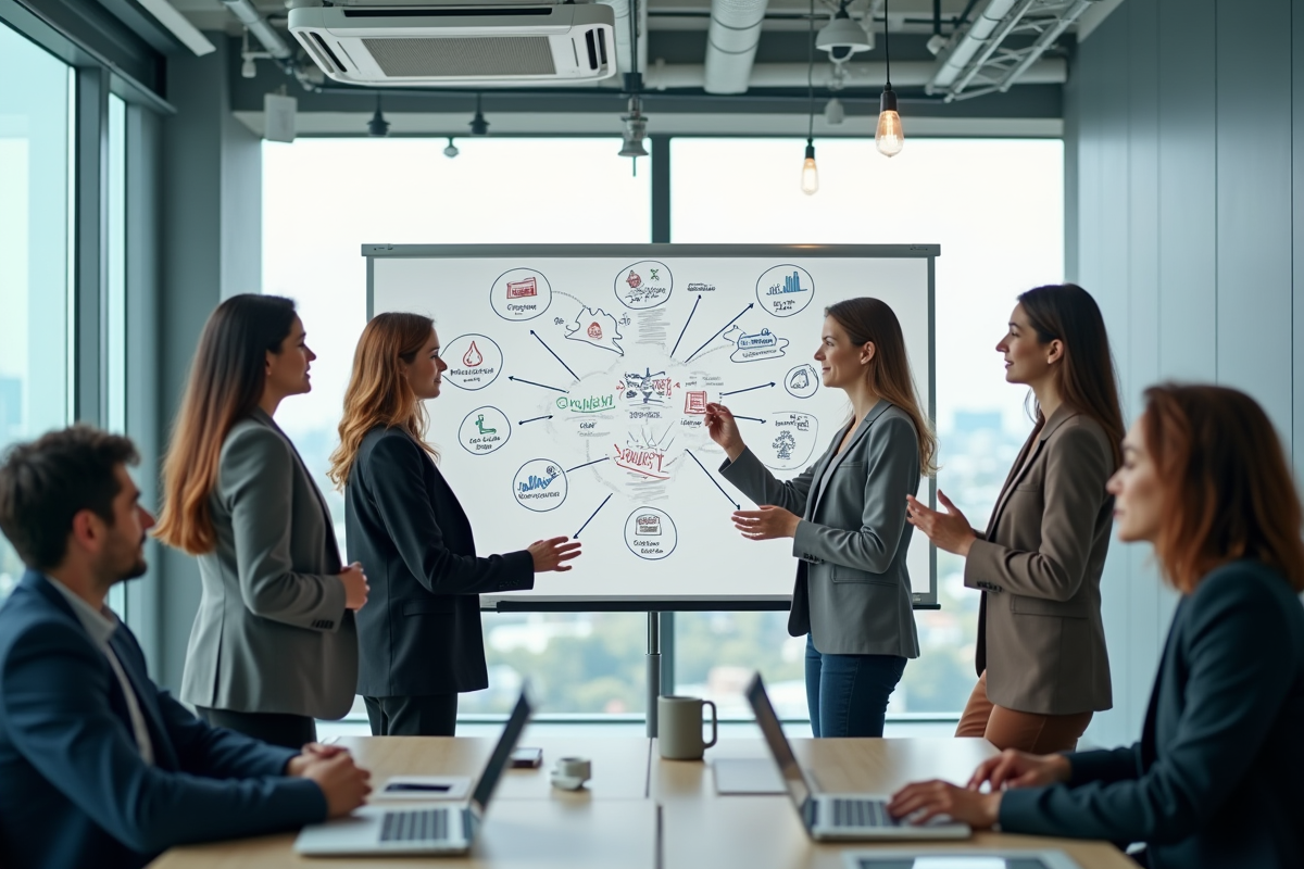 Groupe de professionnels discutant autour d