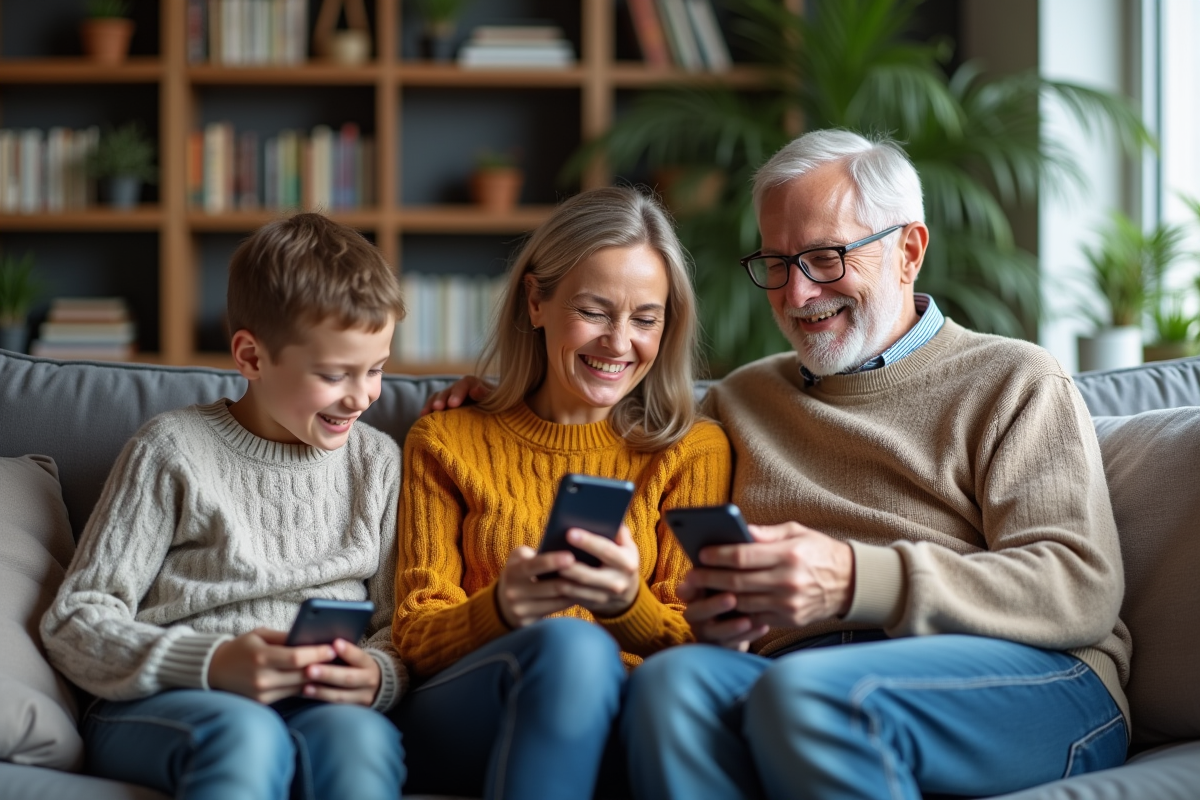 Groupe familial riant avec smartphones dans un salon chaleureux