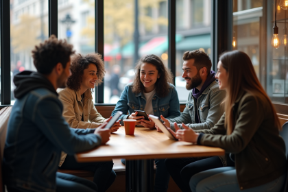 Groupe de jeunes adultes dans un café urbain moderne