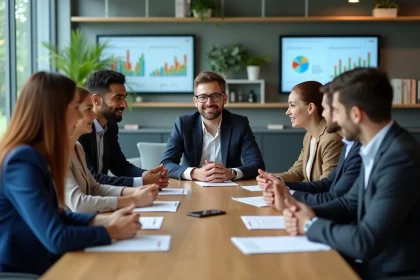Groupe de professionnels en r&eacute;union dans un bureau moderne