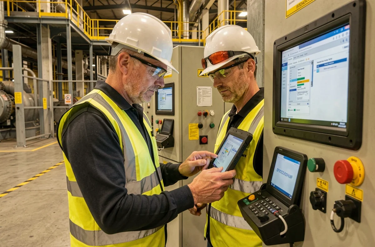 Ingénieur en cybersécurité industrielle d'Holiseum réalisant une évaluation OT sur un système de contrôle en usine