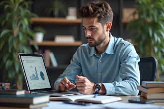 Jeune homme concentré analysant des graphiques SEO au bureau