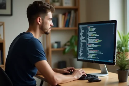 Jeune homme tapant une adresse IP v4 sur un terminal informatique dans un bureau à domicile