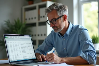 Homme d'&acirc;ge moyen travaillant sur un ordinateur avec feuille Excel