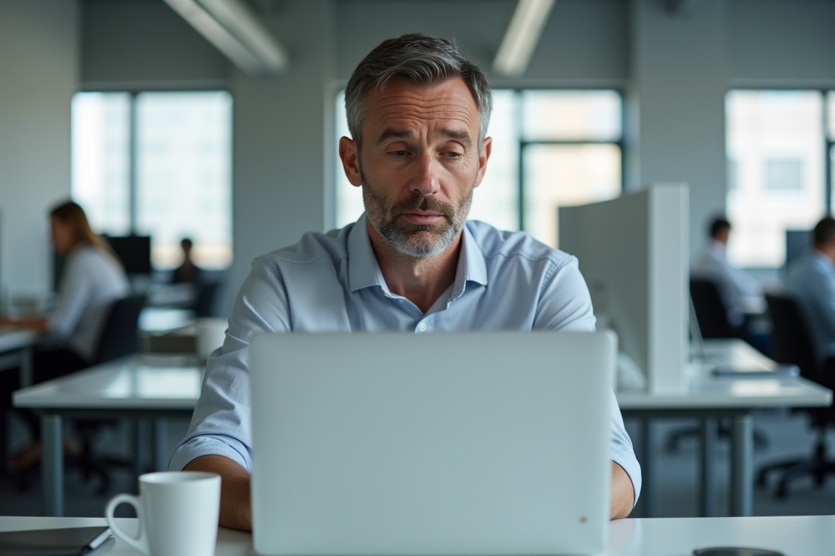 Homme d'âge moyen au bureau regardant un avertissement de navigateur