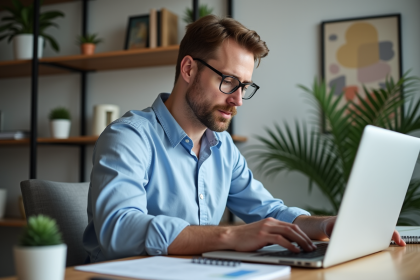Homme d'âge moyen travaillant sur deux écrans d'ordinateur dans un bureau moderne