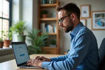 Homme concentr&eacute; devant son ordinateur dans un bureau moderne