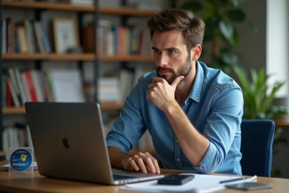 Homme en bureau avec ordinateur et disque dur Windows 7