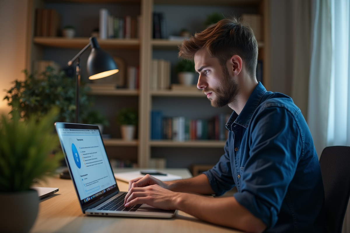Jeune homme au bureau vérifiant une notification de sécurité
