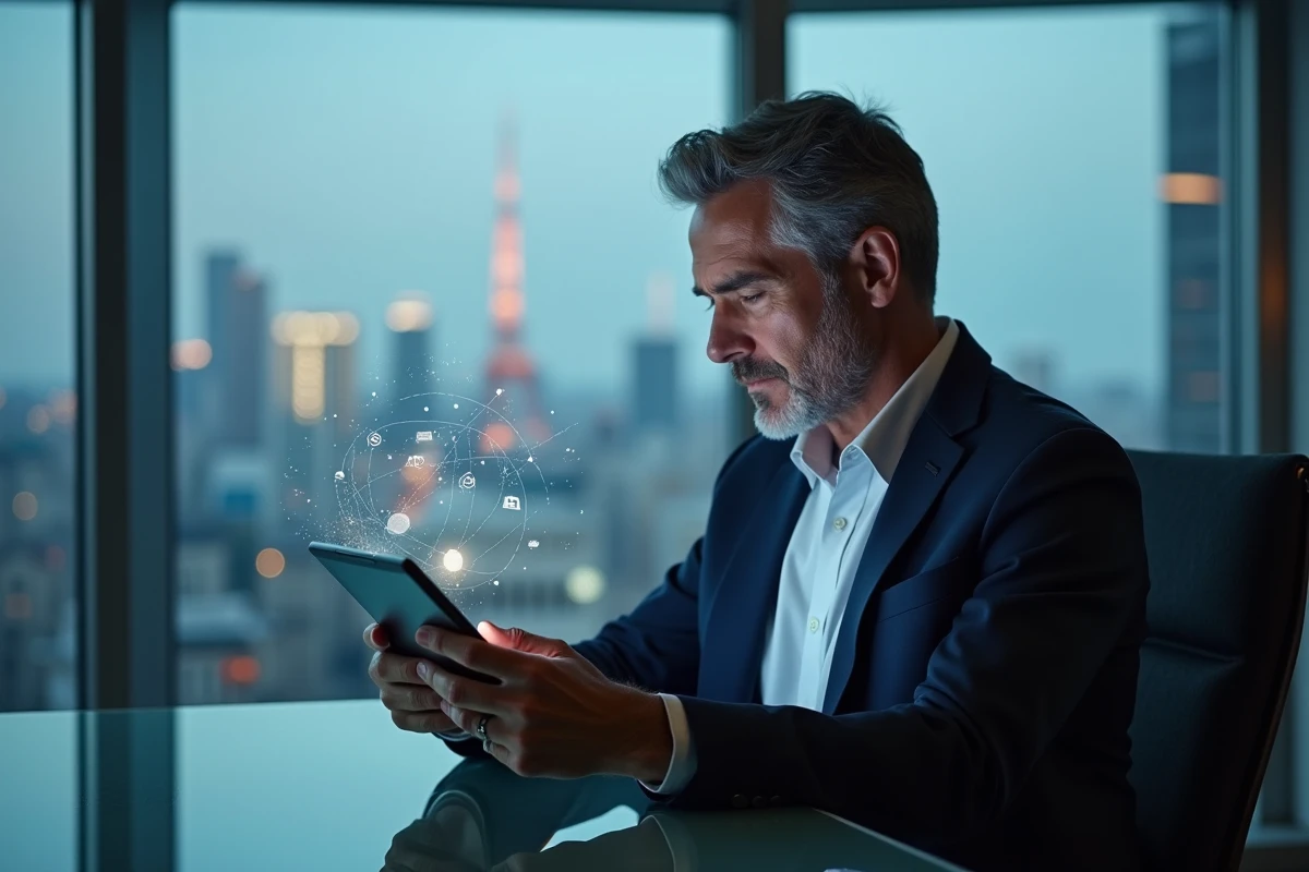 Homme d affaires utilisant une tablette dans un bureau moderne