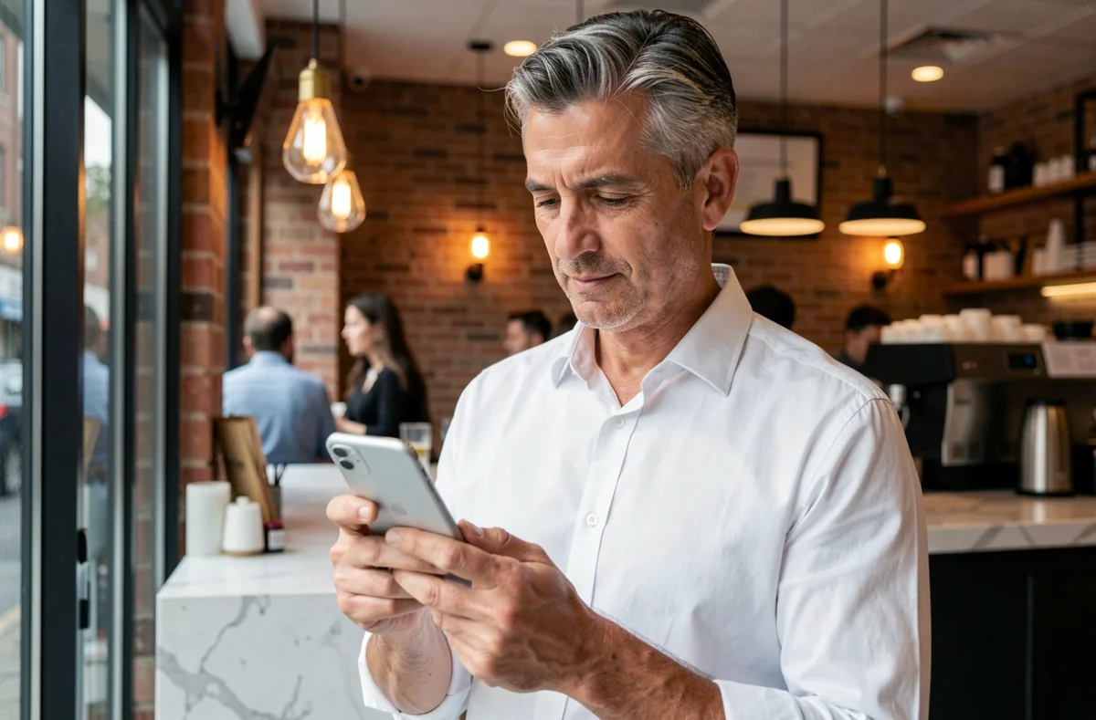 Homme dans un café consultant les fonctions avancées de son Google Pixel 9 près d'une fenêtre