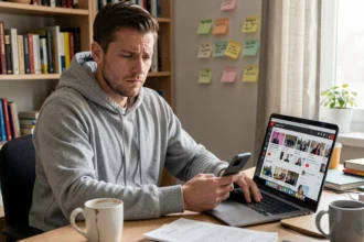 Homme comparant les avis utilisateurs et les tests YouTube sur un téléphone Google Pixel depuis son bureau à domicile