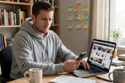Homme comparant les avis utilisateurs et les tests YouTube sur un téléphone Google Pixel depuis son bureau à domicile