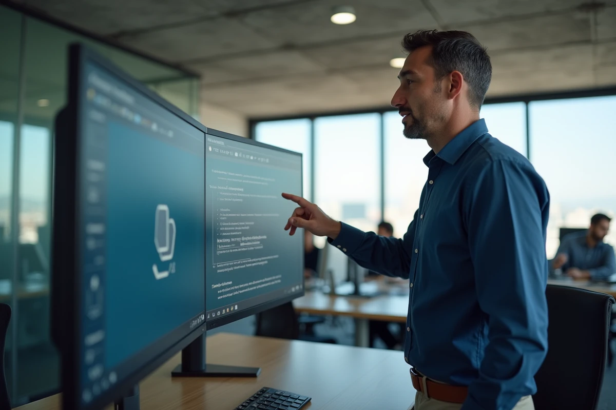 Homme en entreprise effectuant une conversion de format de fichier rapide sur un grand écran de bureau en open space