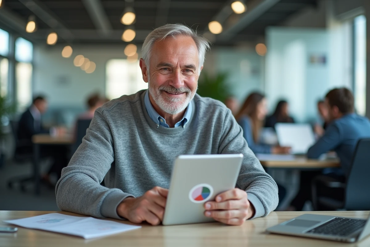Homme en coworking utilisant une tablette pour un calcul