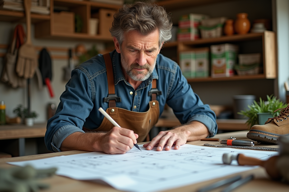 Homme esquissant un plan de bordure dans un atelier intérieur