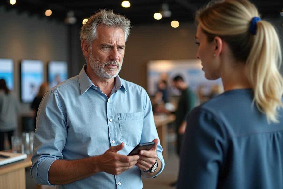 Homme discutant avec un vendeur en magasin tech