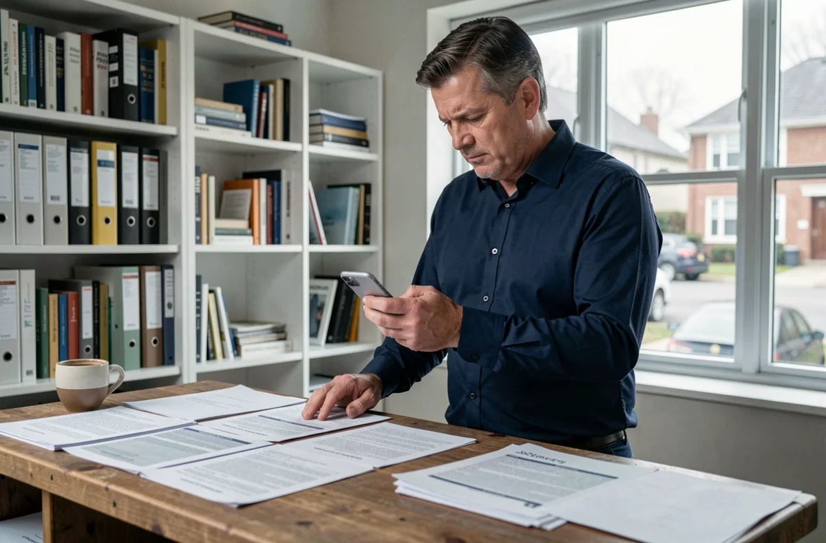 Homme consultant son smartphone et des documents administratifs pour gérer son accès MyPrimobox après un changement d'employeur