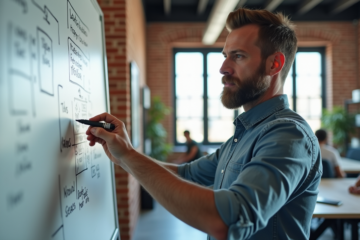 Homme esquissant une stratégie SEO sur un tableau blanc