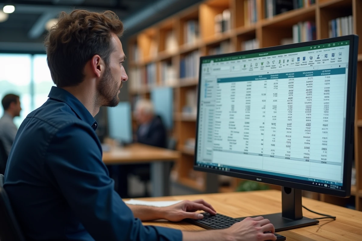 Homme utilisant Excel sur un grand écran pour transposer des données de lignes en colonnes avec des formules visibles dans la barre de calcul