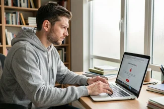Homme frustré devant un écran d'erreur sur son ordinateur portable, symbolisant un problème d'accès à un service en ligne comme Dopriv