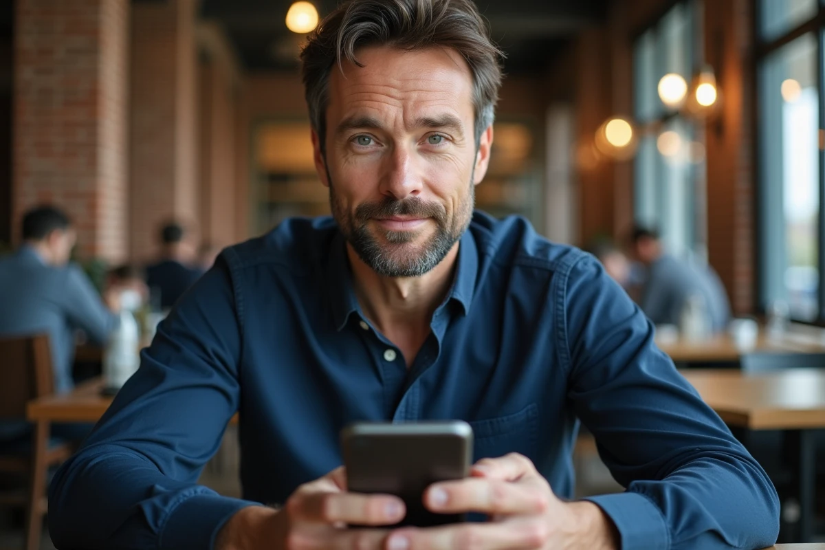 Homme consultant Google en mode navigation privée sur smartphone dans un café