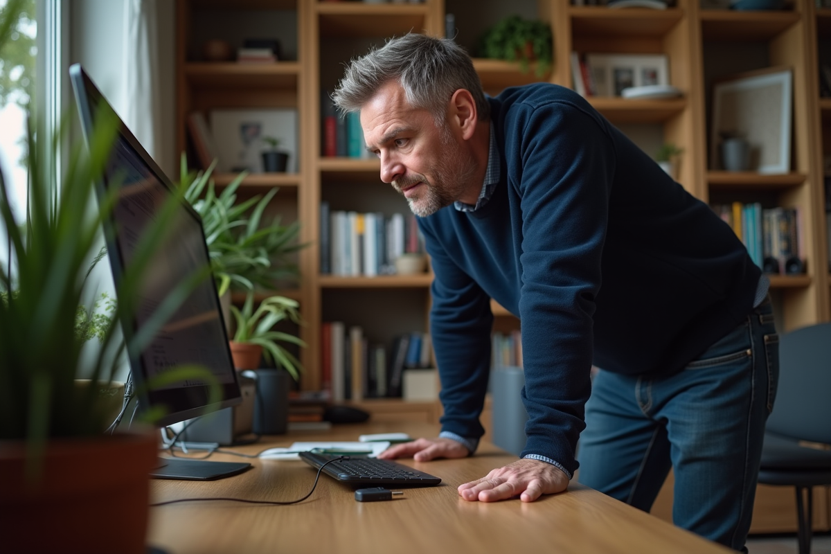 Homme dans un bureau à domicile avec clé USB sur le sol