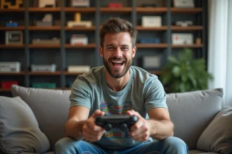 Homme souriant jouant à un jeu vidéo rétro dans un salon