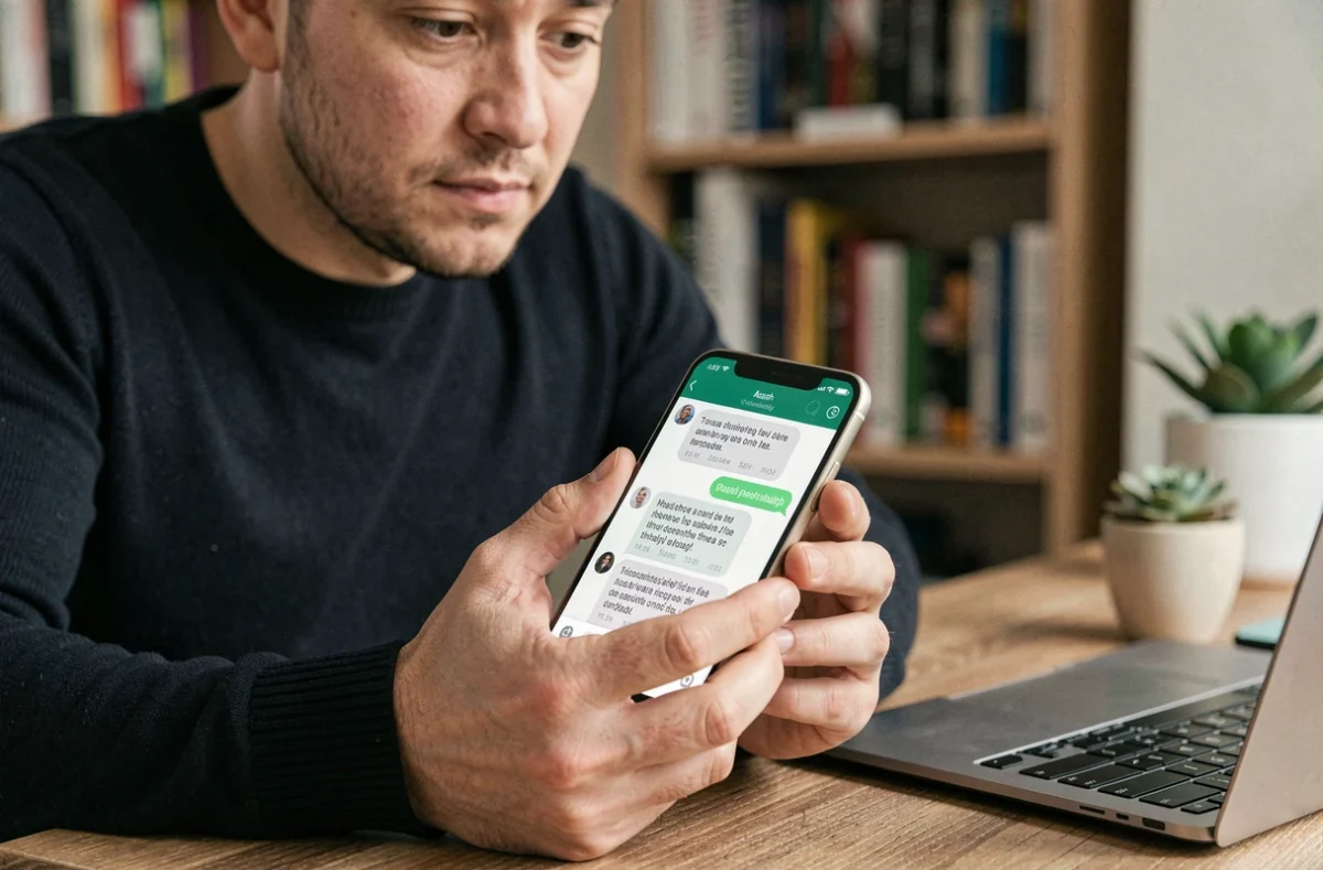 Homme lisant un message WhatsApp avec texte en italique sur smartphone Android à son bureau