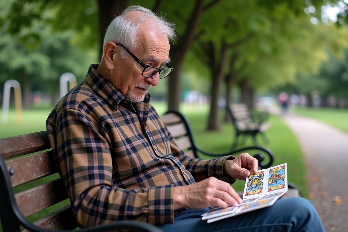 Homme âgé examinant des cartes de tarot dans un parc
