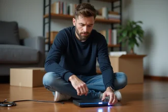 Homme vérifiant un routeur internet lors d’un déménagement