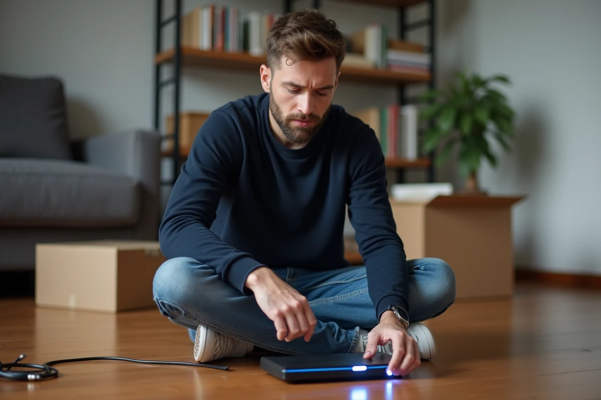 Homme vérifiant un routeur internet lors d’un déménagement