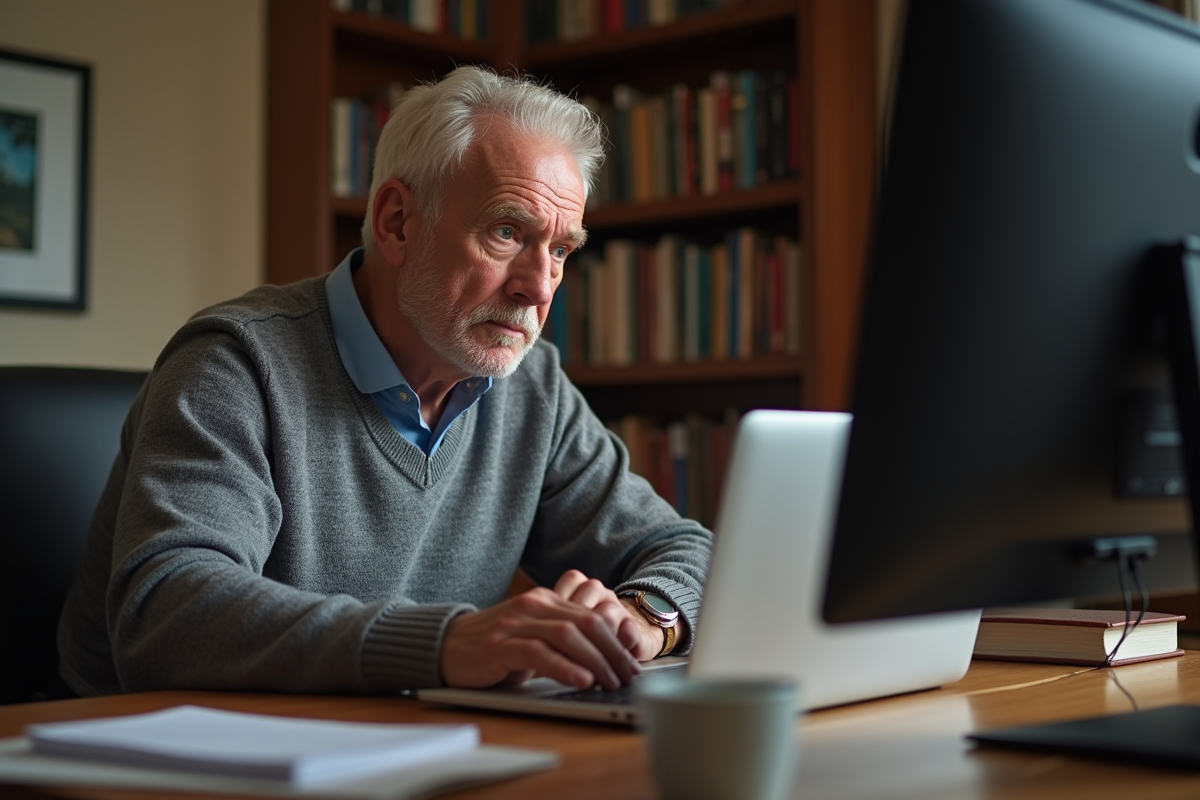 Homme d age au bureau maison avec ordinateur portable