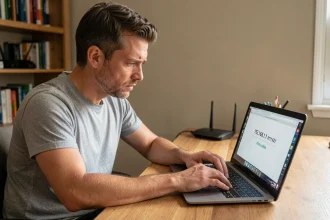 Homme assis devant un ordinateur portable affichant une page d'erreur 192.168.1.1 introuvable dans un bureau à domicile