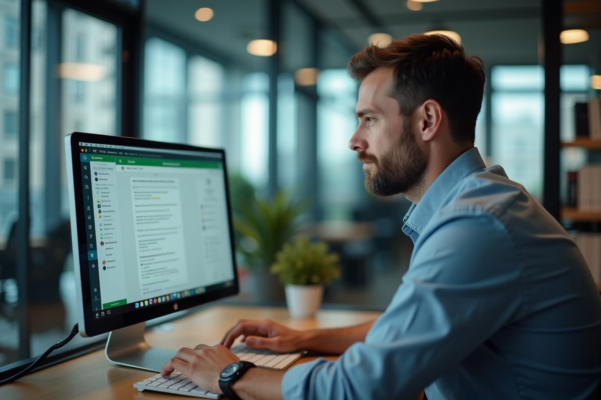 Homme d age moyen v&eacute;rifiant messages WhatsApp Web au bureau