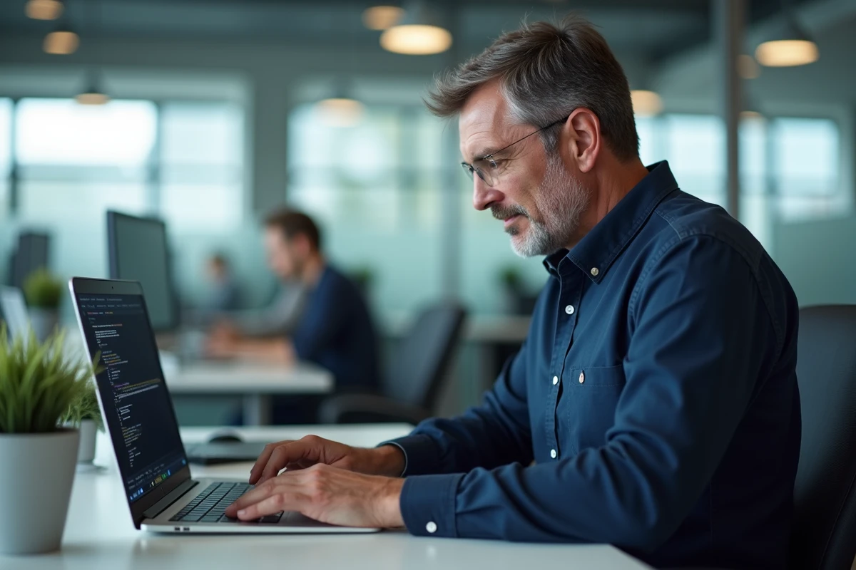 Homme en bureau professionnel consultant un signe spécial dans un éditeur de texte sur ordinateur