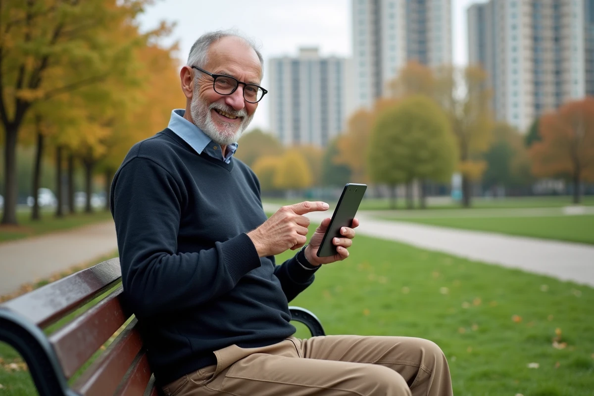 Homme âgé utilisant une tablette dans un parc