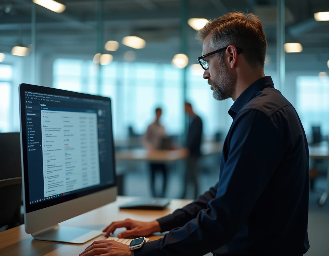 Homme professionnel utilisant un webmail organisé sur grand écran dans un open space moderne