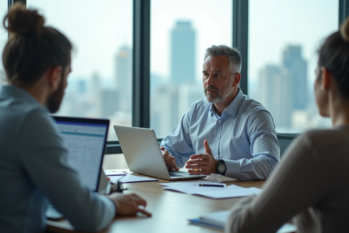 Homme en réunion montrant des cellules Excel sur deux ordinateurs
