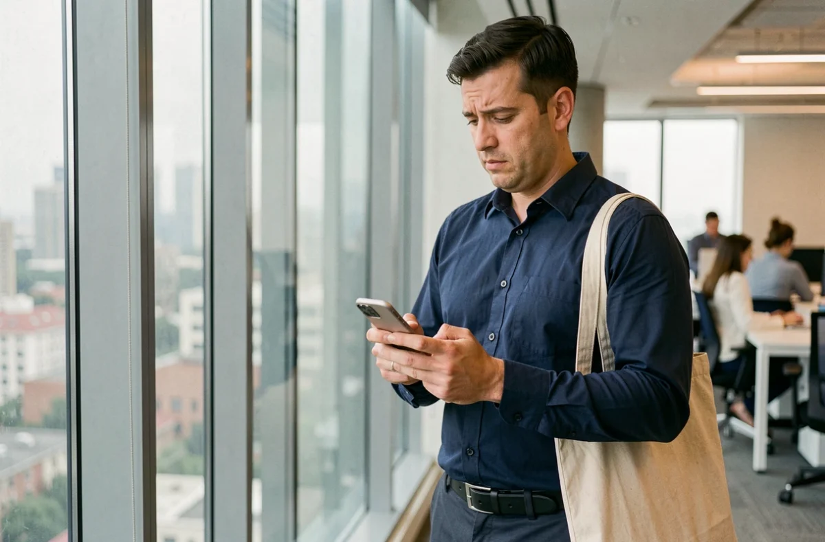 Homme consultant son smartphone dans un bureau moderne pour résoudre un problème avant de contacter un centre d'assistance
