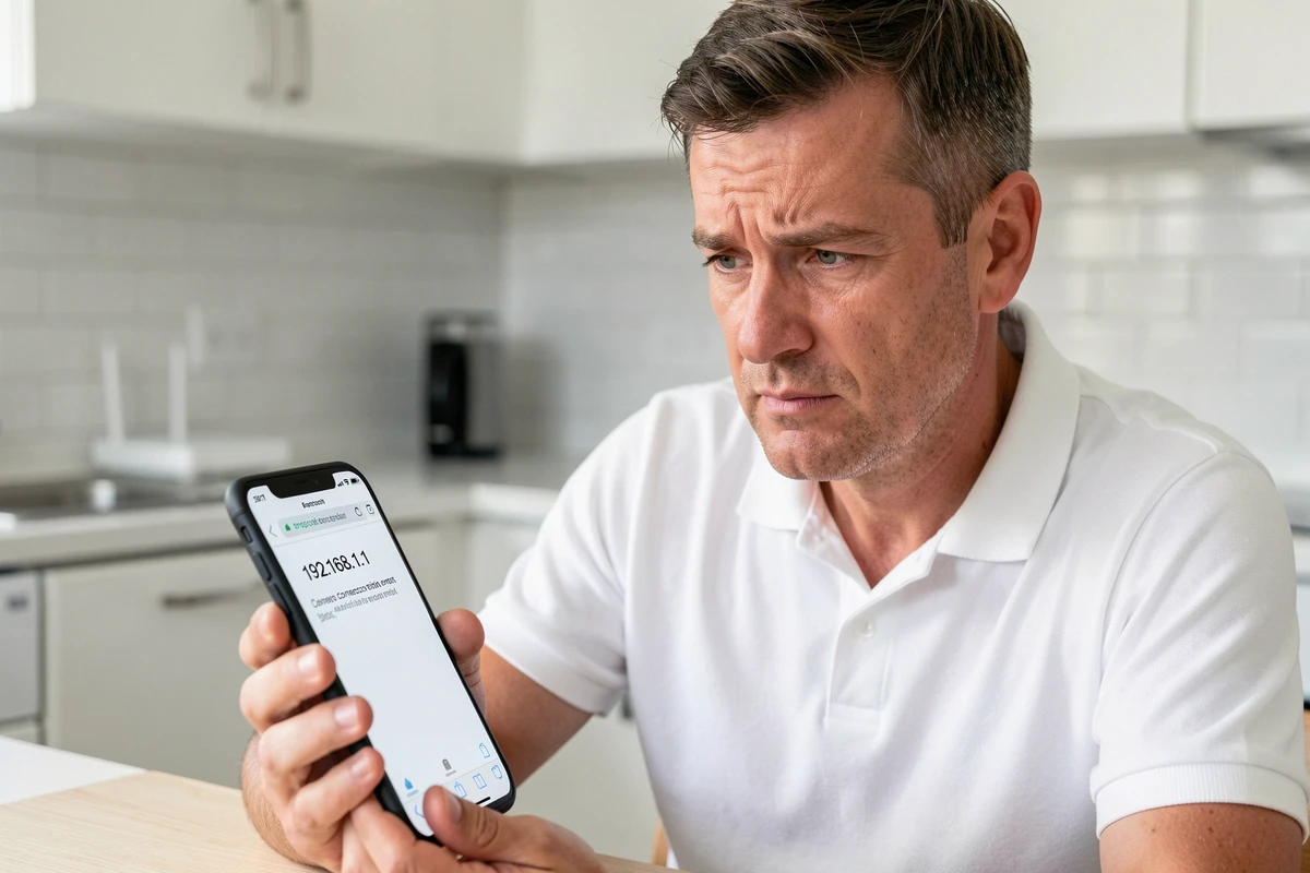 Homme tenant un smartphone affichant une erreur de connexion à l'adresse 192.168.1.1 dans une cuisine moderne