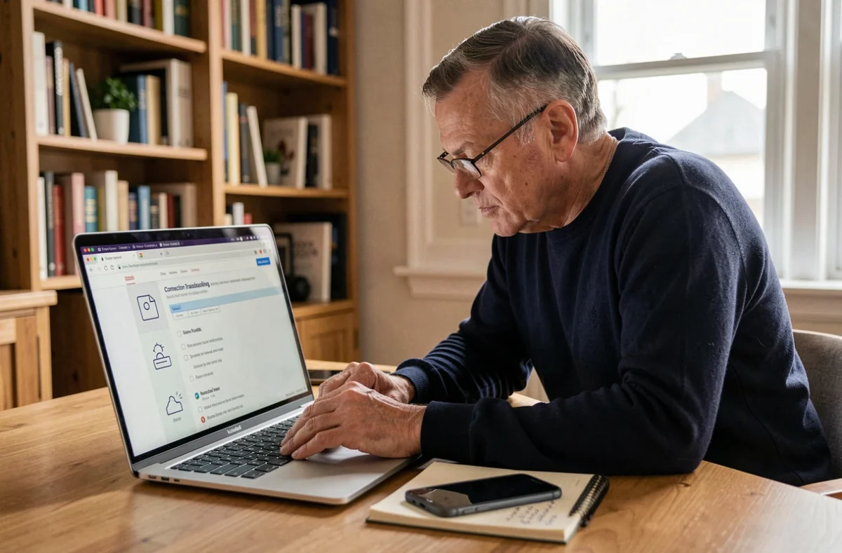 Un homme à domicile en train de vérifier les paramètres de connexion pour résoudre un problème d'accès à Outlook via navigateur