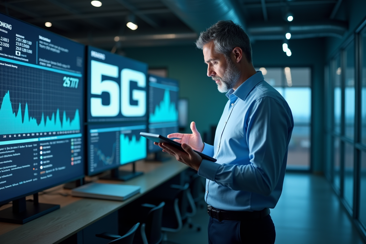 Homme d affaires analysant une tablette dans un bureau hightech